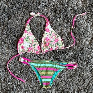 Floral and Striped Bikini Set